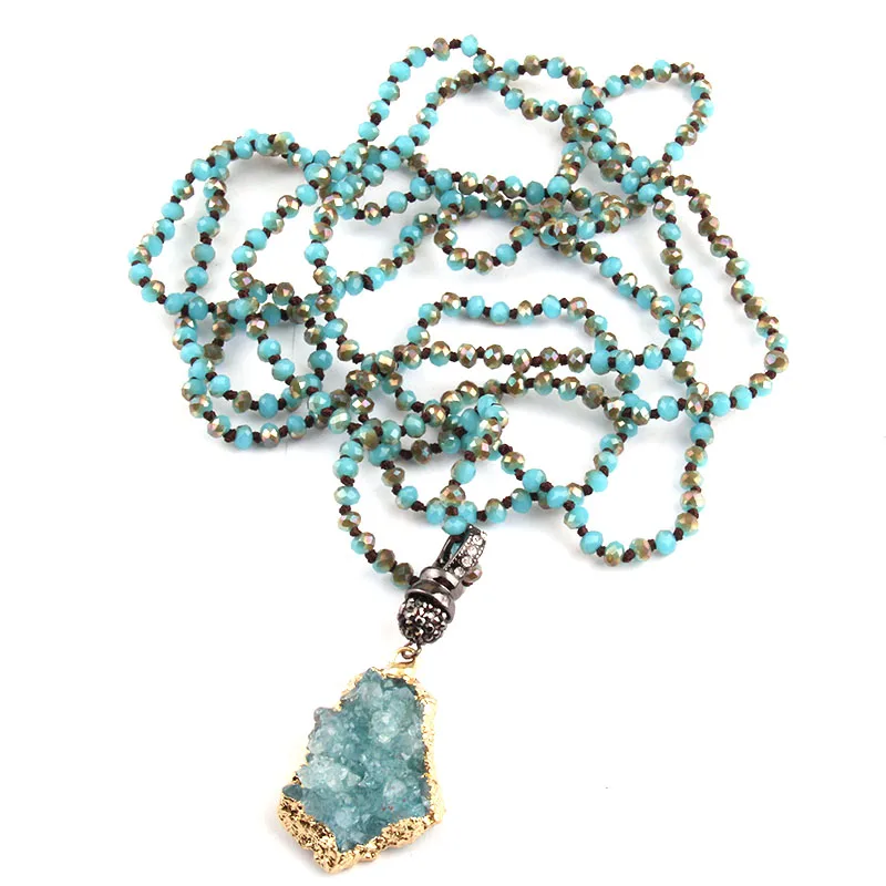 

Free Shipping Fashion4mm Mini Blue Green Glass Knotted Blue Natural Druzy Pendant Necklaces For Women Ethnic Necklace