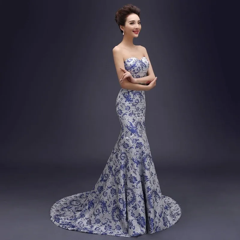 Tube top trailing royal blue fishtail cheongsam wedding dresses brocade long traditional chinese cheongsam wedding dresses (9)