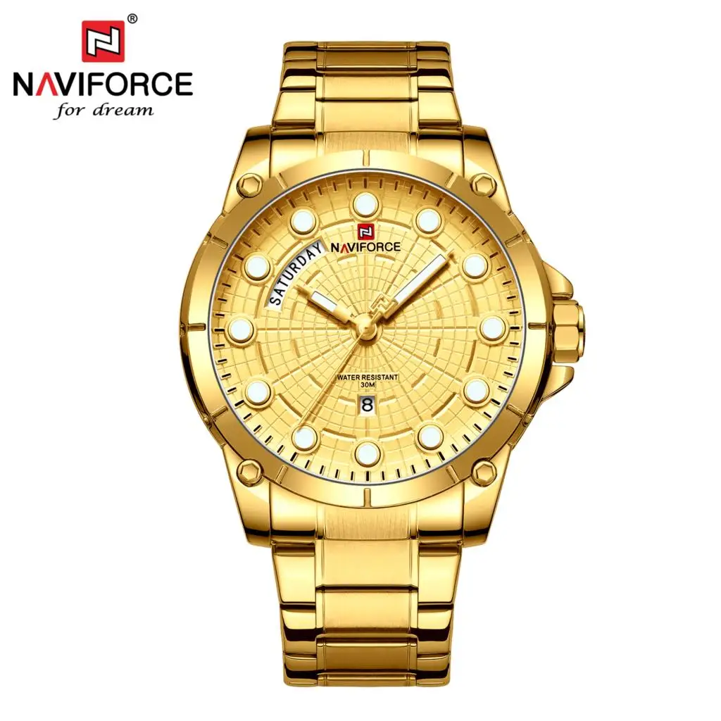 NAVIFORCE Relojes часы мужские модные спортивные кварцевые часы мужские s часы лучший бренд класса люкс Бизнес водонепроницаемые Relogio Masculino - Цвет: Золотой