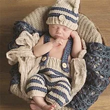 Newborn Photography Props Infant Crochet Knitted Costume Set Elf Button Pants Beanie Caps Hat 2pcs Baby