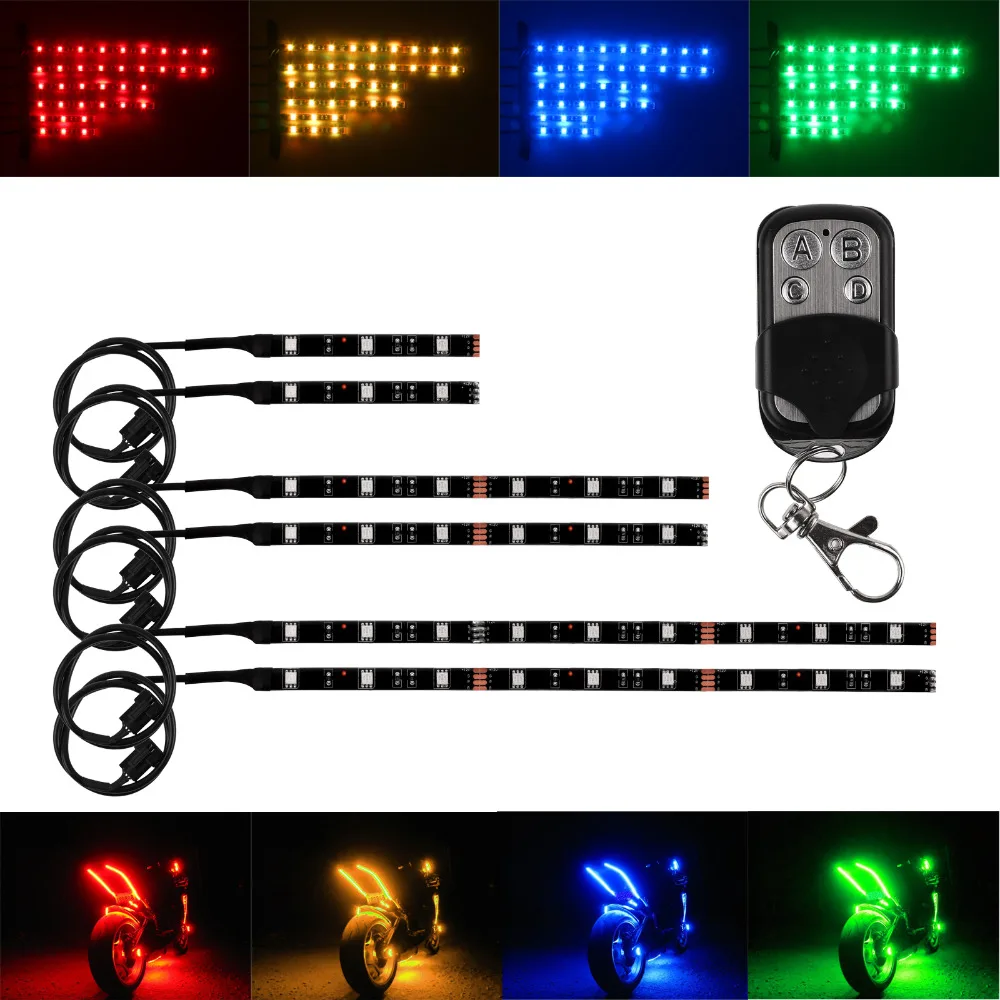 12V 6PCS RGB 5050SMD LED Car Motorcycle Glow Lights Flexible Neon Strips Kit Chopper Frame With
