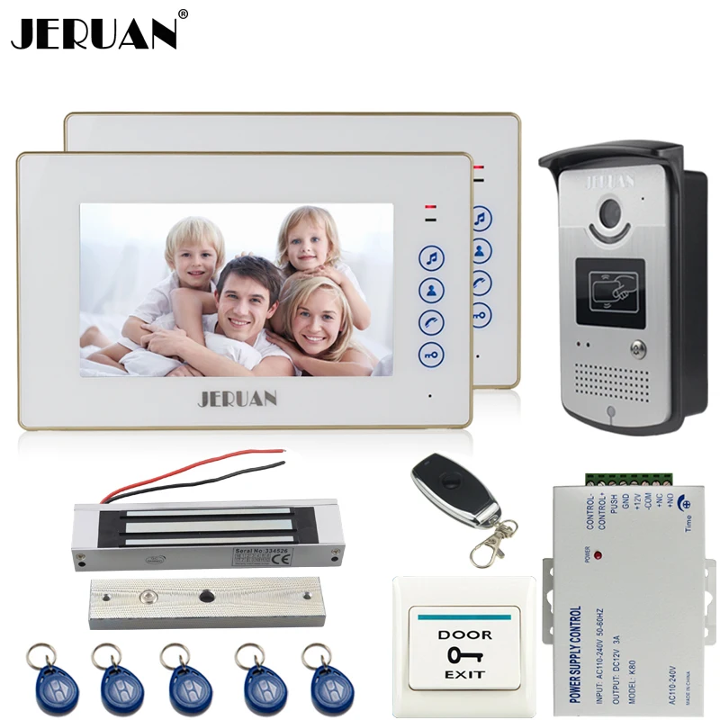 

JERUAN 7`` TFT touch key video door phone intercom system kit 2 white monitor 700TVL RFID Access IR Night Vision Camera In stock