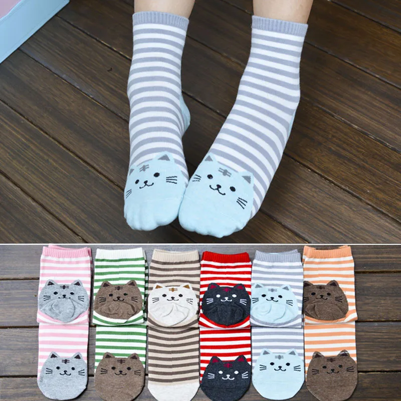 Дизайн; Милые Носки с рисунком кота; женские носки в полоску с рисунком кота; хлопковые носки для пола; зимние носки с объемным рисунком; Прямая поставка