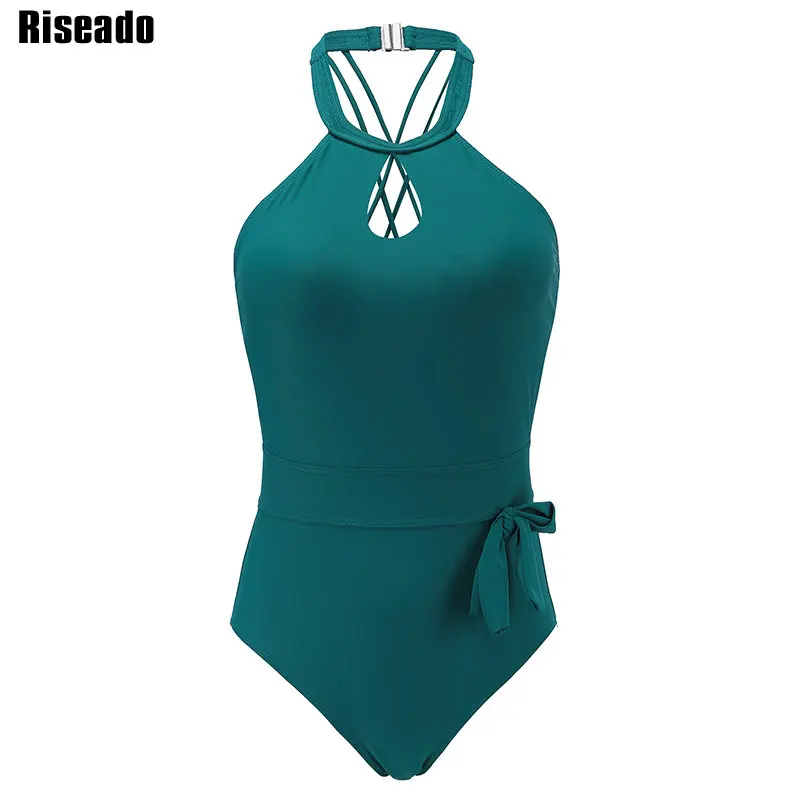 

Riseado New One Piece Swimsuit Solid Sexy Halter Swimwear Women Cross Bandage Bathing Suits Bow Beachwear 2019 Swimsuits