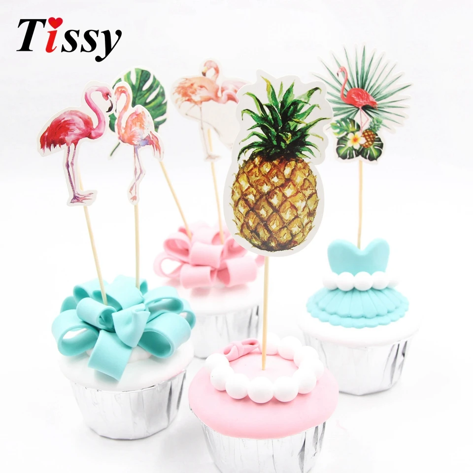 24pcs/lot DIY Pineapple Flamingo Theme Party Cake Toppers Wedding Birthday Decorations Kids Adult Cupcake Paper Supplies | Дом и сад
