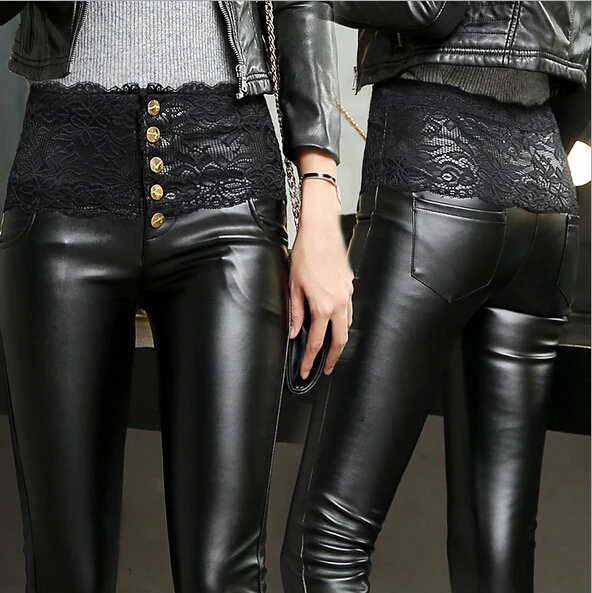 lace decoration high quality soft leather pants women tight leather