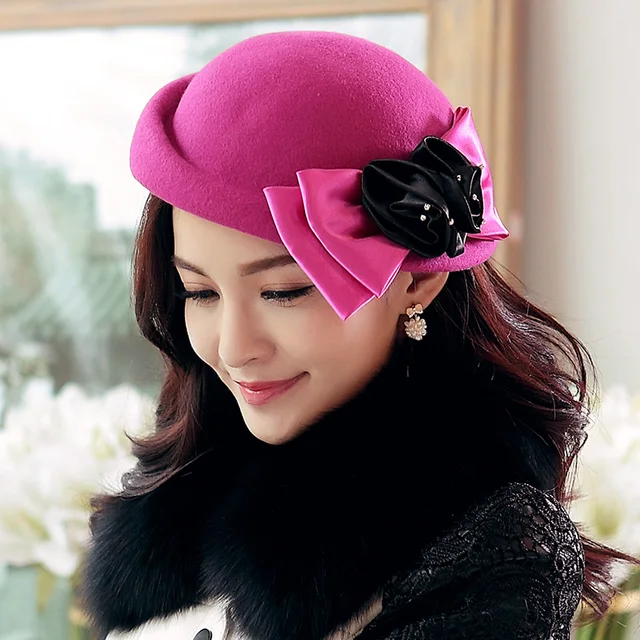 Girls Fedoras Wool Hat Female Woolen Bowtie Fascinator Hats Girls