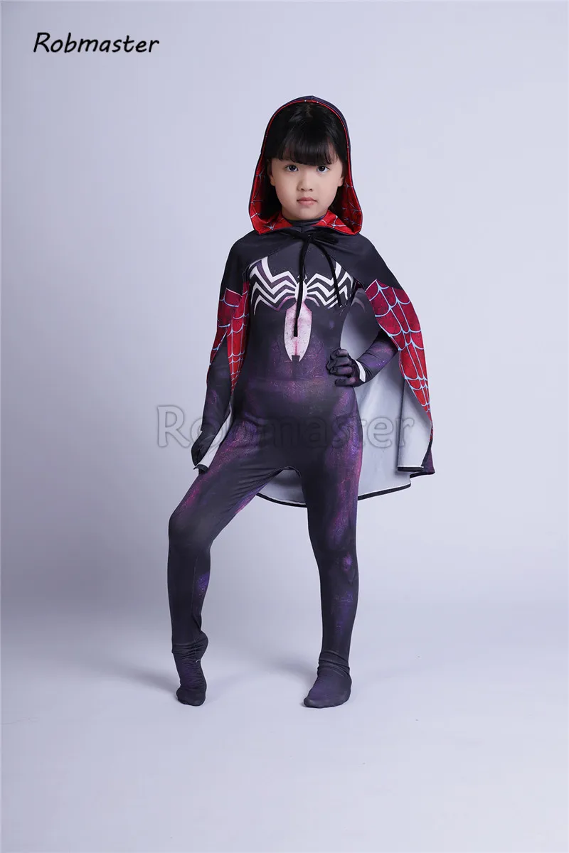 3D печатных дети Gwenom костюм для косплея с капюшоном Zentai девушки симбиот Веном костюм паук Гвен Стэйси костюм Спайдермен плащ костюм