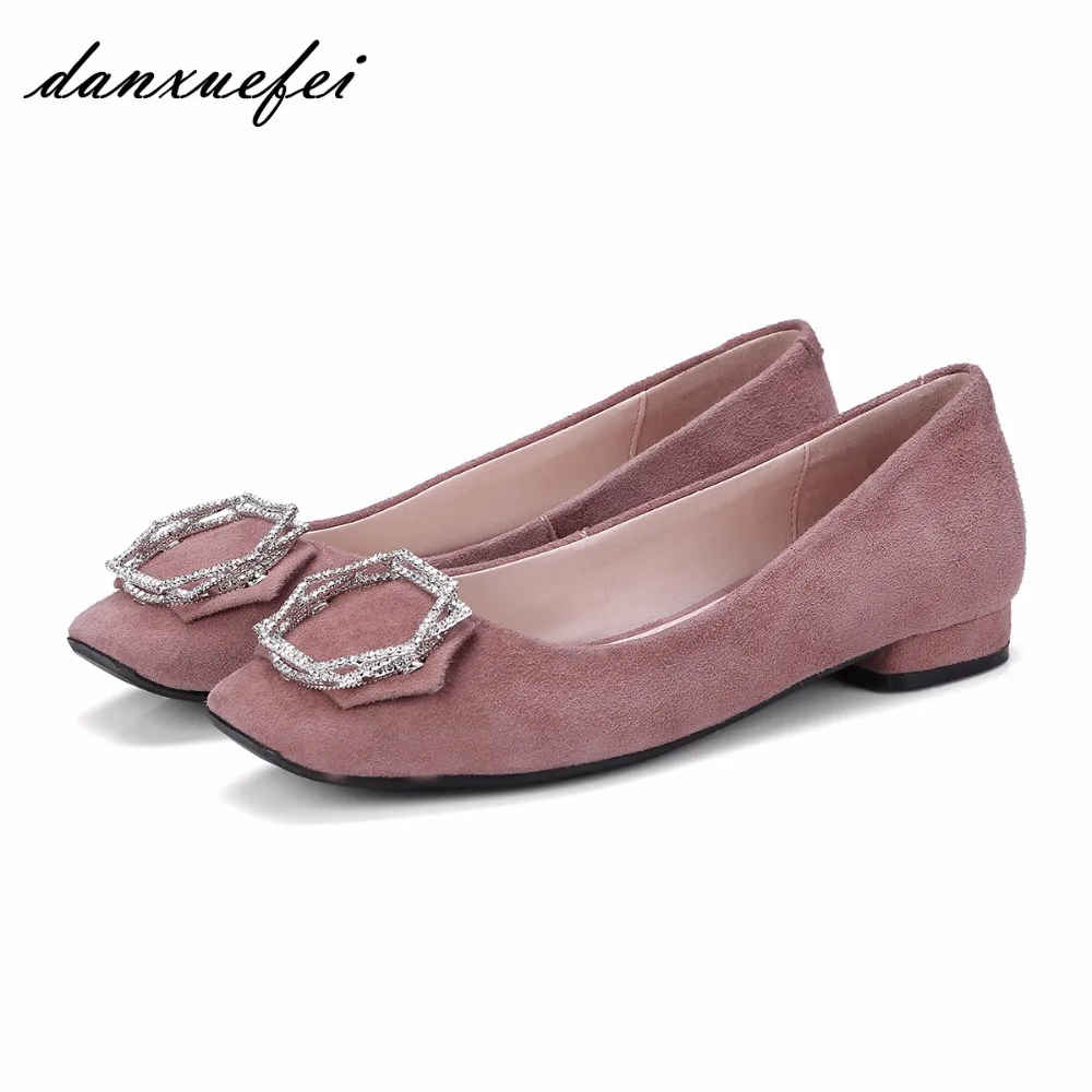 

Women's genuine suede leather square toe rhinestone buckle slip-on flats brand designer comfortable leisure espadrilles shoes
