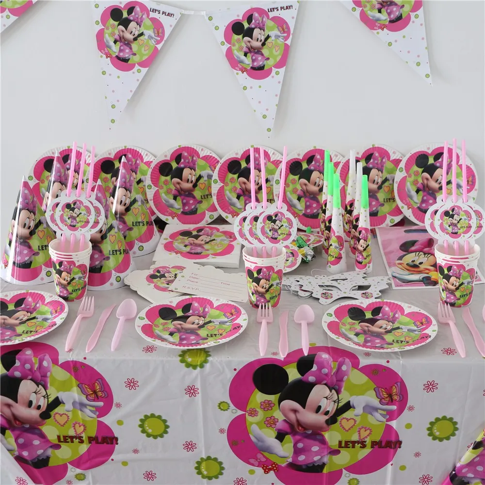 

113pcs\lot Kids Favors Plates Birthday Party Flags Cartoon Minnie Mouse theme Caps Tablecloth Cups Decoration Banners Supplies