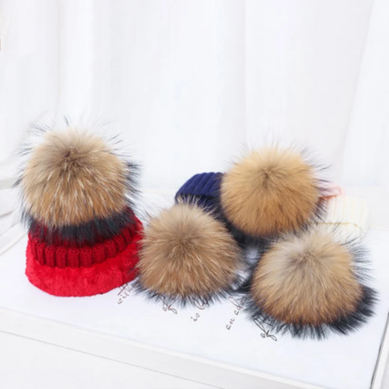 Real Fur Hat Knitted Real fox hair bulb Pom Pom Hat Women Winter Hat Unisex Kids Warm with wool Chunky Thick Stretchy Knit hat