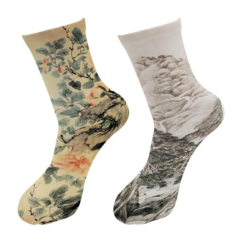 

New 3D Printed Chinese Ink Painting Crew Socks Men Street Trend World Famous Landscape Painting Long Socks Men's Dress Tube Sock