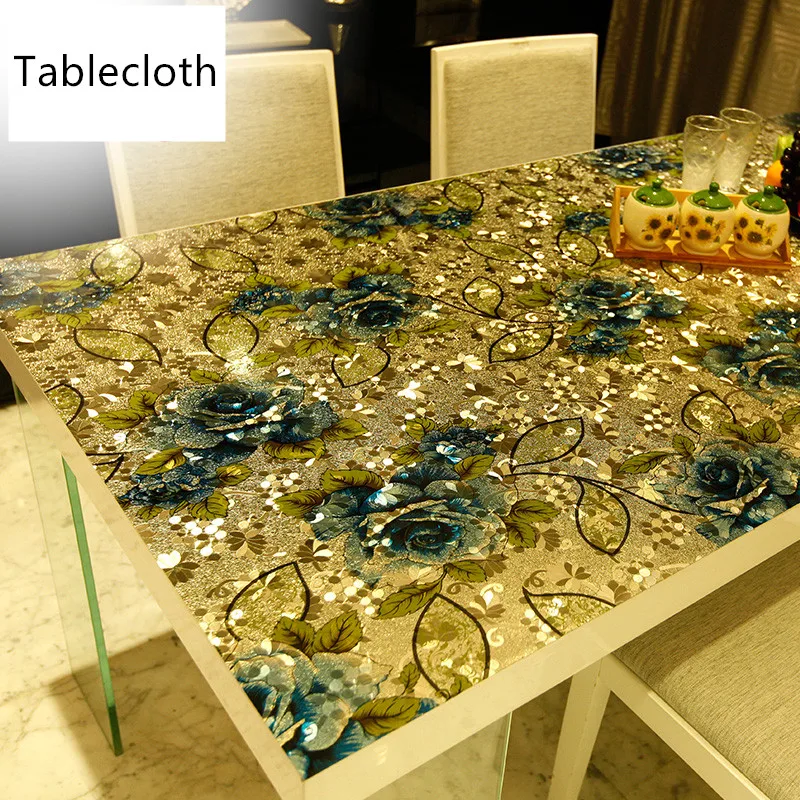 European luxury pvc colorful printed soft glass crystal plate Plastic table cloth waterproof coffee table mat party table