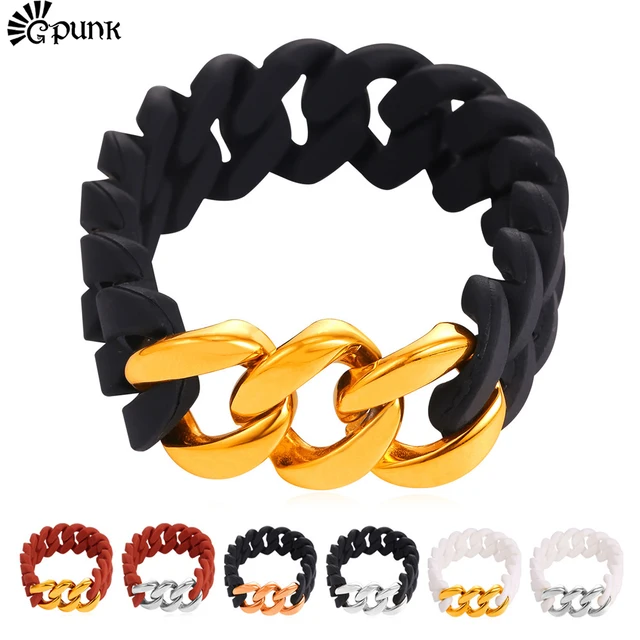 Top Quality Uni Silicone Rubber Band Chain Bracelet Men Stainless Top Quality Uni Silicone Rubber Band Chain Bracelet Men Stainless Steel Yellow Gold Color Flexible Hot