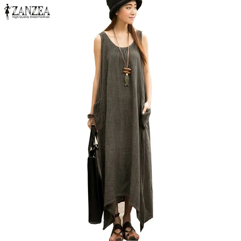 

Newest ZANZEA 2019 Summer Women Casual Loose Sleeveless Vintage Long Maxi Dress Irregular Party Dresses Vestidos