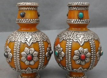 

Old Tibet Beeswax Inaly Tibetan Silver Turquoise Coral Bottle Jar Pot Vase Pair