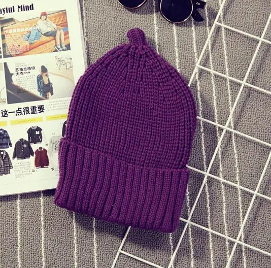 Новая осенне-зимняя вязаная шапка для женщин и мужчин Skullies Beanie, шапки, одноцветные, острый верх, лук версия, вязаные шапки - Цвет: dark purple