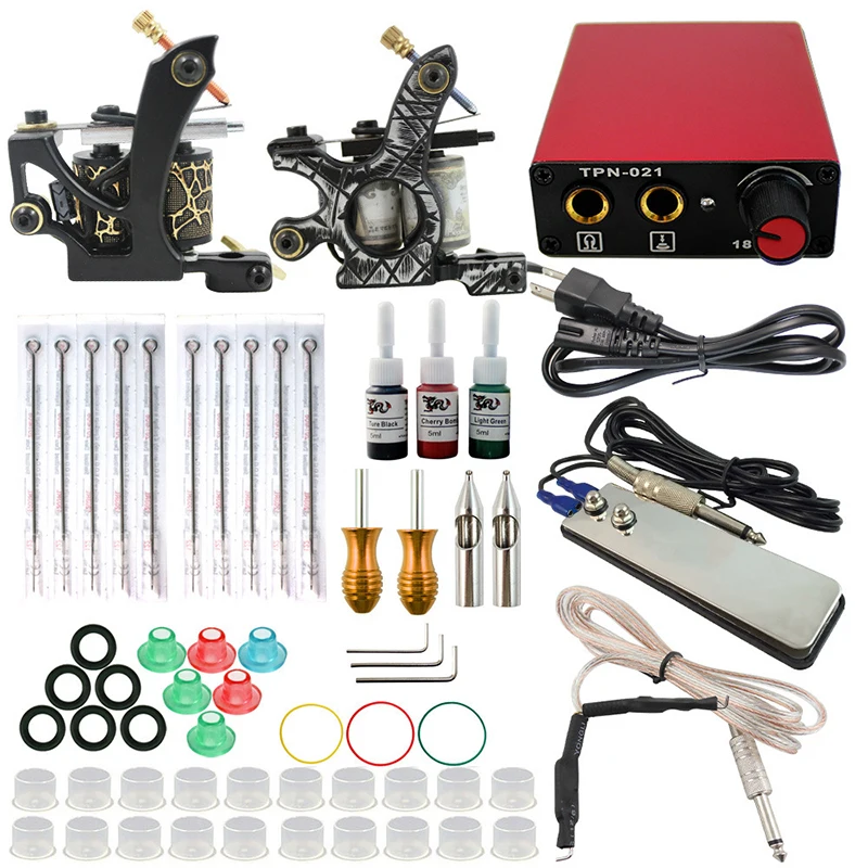 new Complete profession Tattoo kits 10 wrap coils 2 guns machine 3 tattoo ink sets power supply disposable needle clip cord tattoo kit completed tattoo kits 8 wrap coils guns machine 4 color tattoo ink sets power supply disposable needle