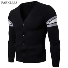 Мужской классический кардиган с v-образным вырезом свитера весна осень вязаный полосатый вязаный хлопковый кардиган свитер с карманами XXL