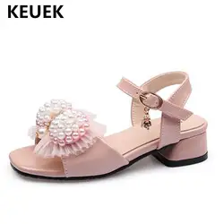 Новые детские обувь сандалии для девочек летние Лакированная кожа жемчуг ботинок на высоком каблуке принцесса открытым носком пляжные