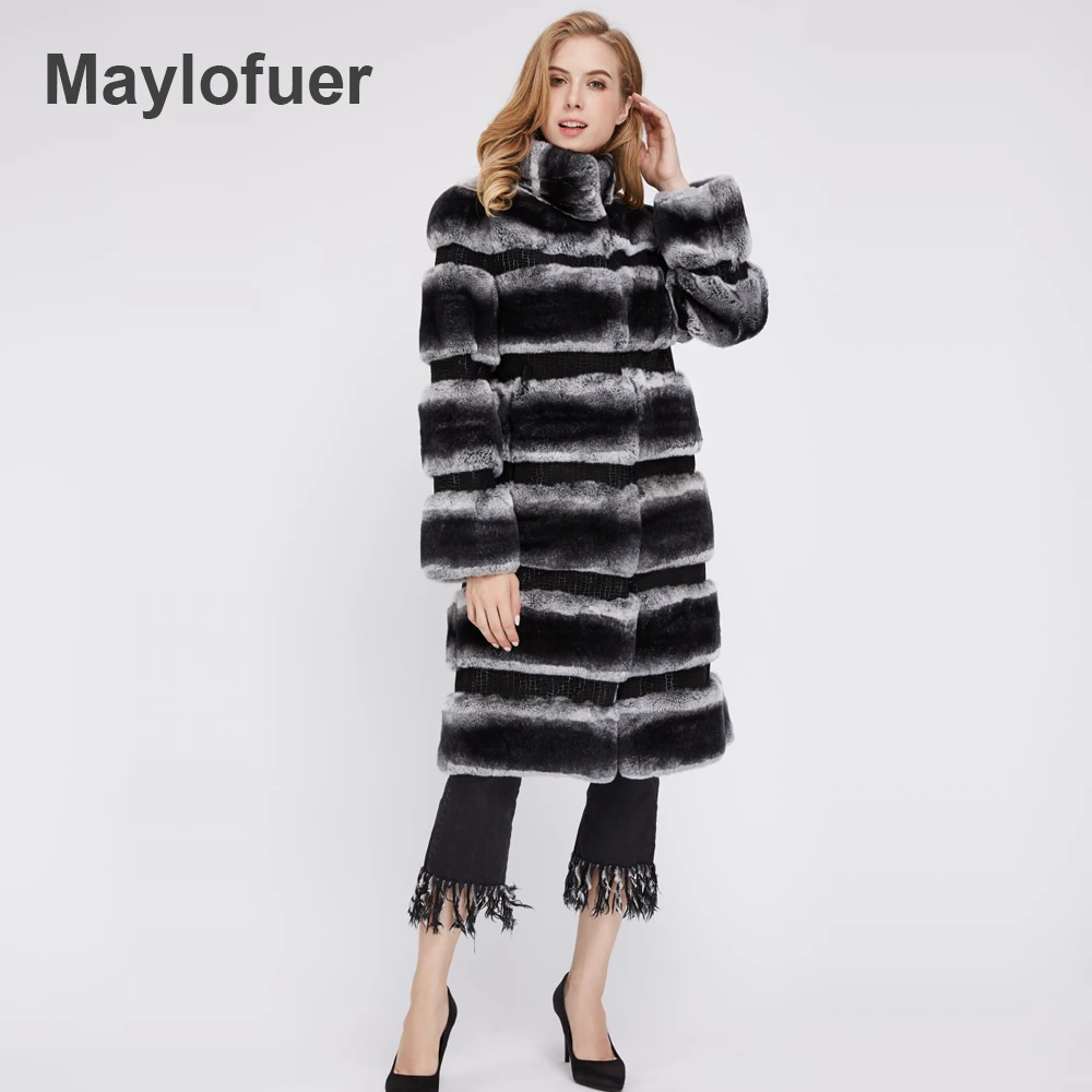 Maylofuer Длинное пальто Rex Rabbit Ms. Натуральный мех кролика Зимняя шуба из шиншиллы с