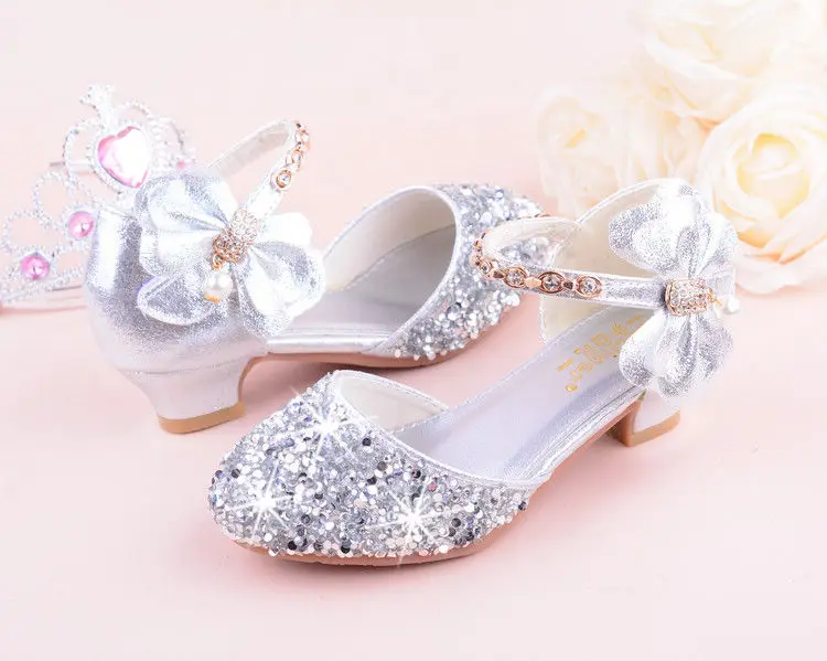 Girls sandals high heels spring and summer rhinestones bow princess Performance /wedding crystal single shoes shiny silver