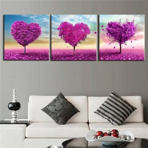 

Unframed 3 Sets Canvas Print Painting Purple Loving Heart Trees Art Cheap Picture Home Decor On Canvas Modern Wall Prints Artwor