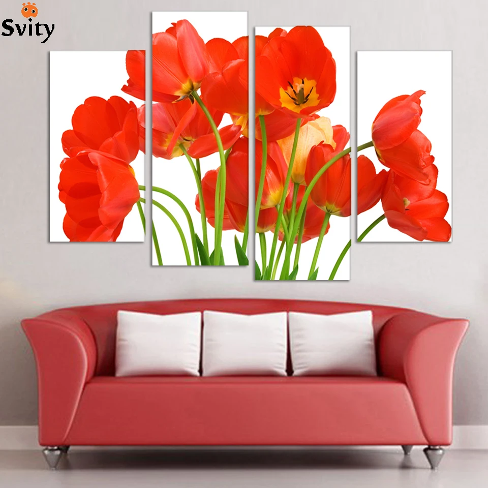 4pcs Red Flower Wall Art Picture Home Decoration Living Room Canvas