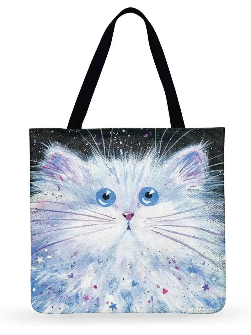 Fresh Cartoon Cat Printed Tote Bag For Women Linen Faric Bag Ladies Shoulder Bag Outdoor Casual Tote Foldable Shopping Bag travel wallet Totes