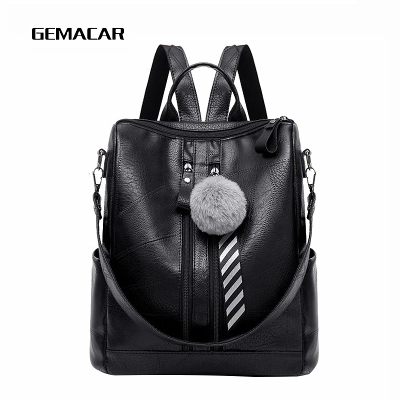 

2019 Female Backpack Brown Black Fashion Woman Shoulder Bag Leather Large Capacity Waterproof Bagpack With Hair Ball Ornaments