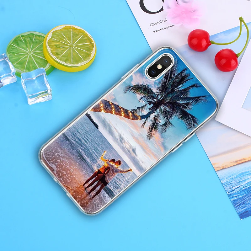 

Phone Case for iphone 7 6S 6 8 Plus Case Glow in the Dark Coconut Tree Relief Case Blue sky and white clouds Cover for Women Men