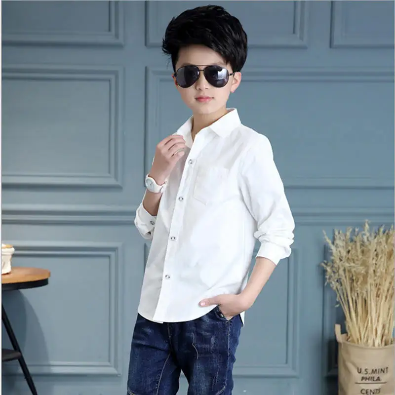

Fashion Autumn Long Sleeve Boys Shirts Cotton Solid White Boys Shirt Children Clothing Teenage Handsome Tops Kids Clothes 5-15Y