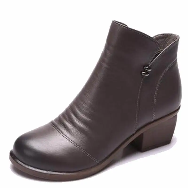 Женские Ботильоны на каблуке; повседневная обувь на молнии; женские ботинки; цвет черный, серый; натуральная кожа; большой размер 40 - Цвет: Серый