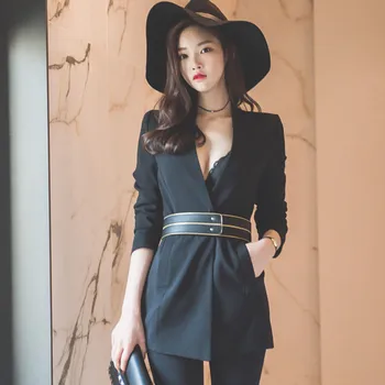 

New 2019 Women Fashion Slim Blazer Elegant Black Jackets Retro Vintage Sexy V Neck Office Lady Workwear Female Belt Chic Blazers