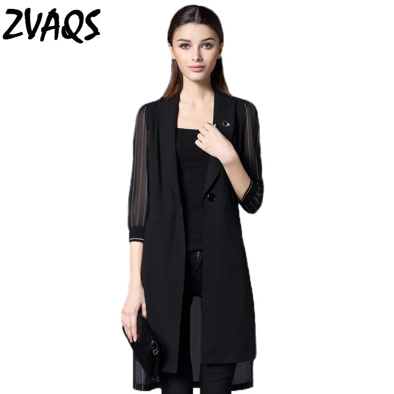 2018 Spring Summer Middle Long Chiffon Blazer Women Three Quarter Sleeve Notched Collar Striped
