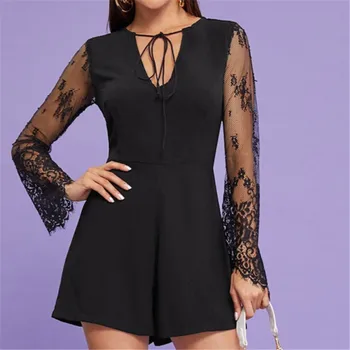 

Fashion Women Clubwear Summer Party Playsuit Lace Sleeve Black Mini Jumpsuit Romper Splice Fit Jumpsuit V Neck Playsuit Shorts