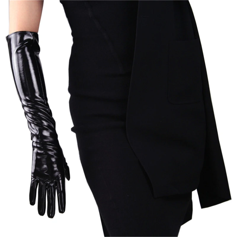 Long Style Patent Leather Gloves Woman Imitation Genuine Leather 50cm Bright Black With Lined Elegant Female Mittens Cosplay P28