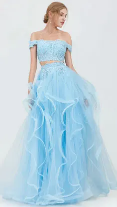 Светло голубой кружево из двух частей платье для выпускного вечера 2019 платье с фатиновой юбкой открытыми плечами vestidos largos de fiesta
