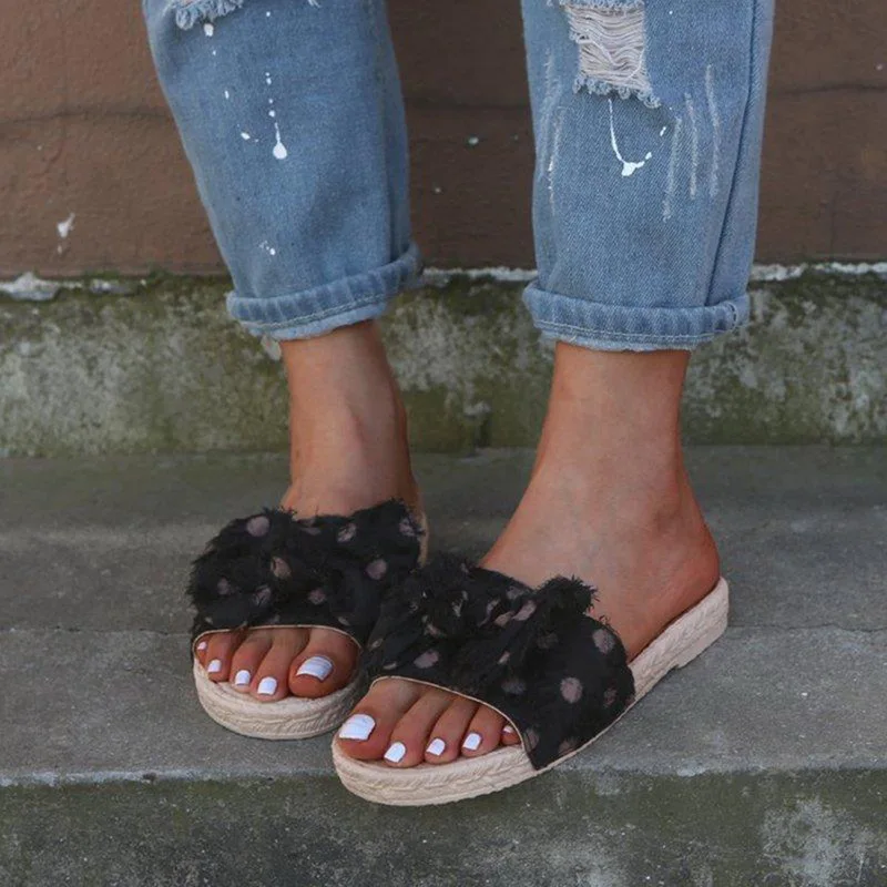 

LOOZYKIT 2019 Cute Bow Women Slippers Flat Slides Sandals Solid Color Casual Shoes Ladies Open Toe Dots Print Beach Flip Flops