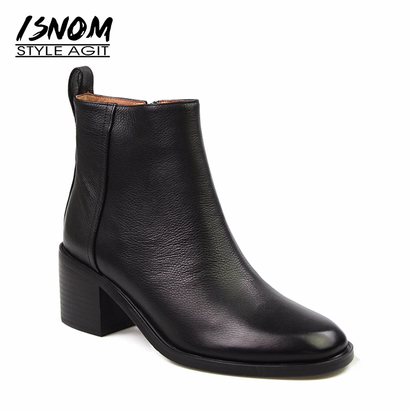 Cena ISNOM kobiet prawdziwej skóry buty obcasy bloku kobiety Zip botki miękkie kalosze zimowe kobiet chelsea Boots moda 2020