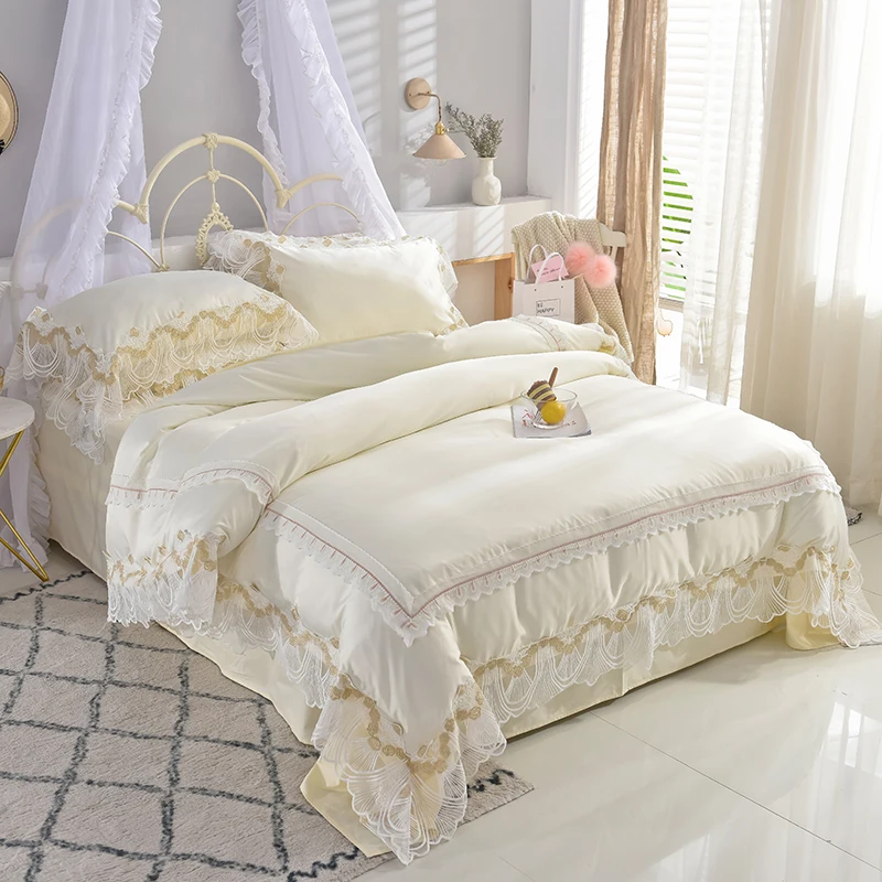Waliicorners Super soft washed silk Bedding Set Duvet Cover Sheet/fitted sheet Pillowcase King Queen Size lace Bed Linen 20 DSC_1117