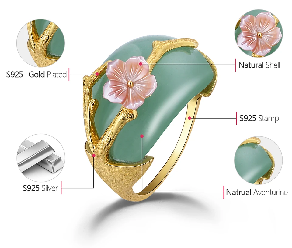 Lotus Fun Moment, настоящее 925 пробы, серебряные натуральные камни, винтажный дизайн, модные ювелирные изделия, цветок сливы, кольца для женщин