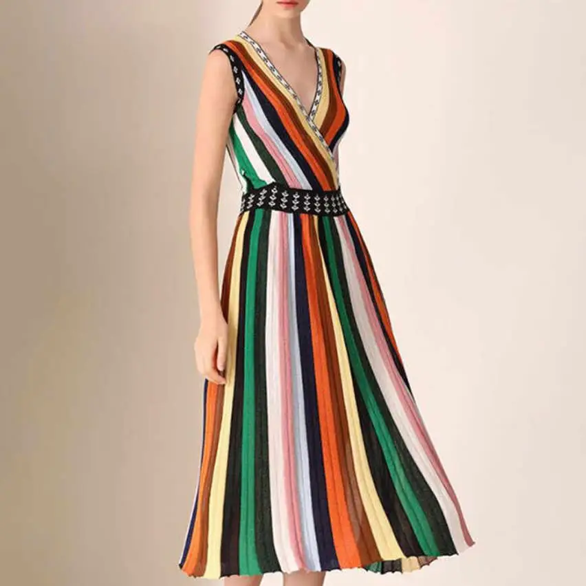 Летнее платье-майка цветов в полоску элегантное приталенное платье с v-образным вырезом и высокой талией трикотажное плиссированное платье