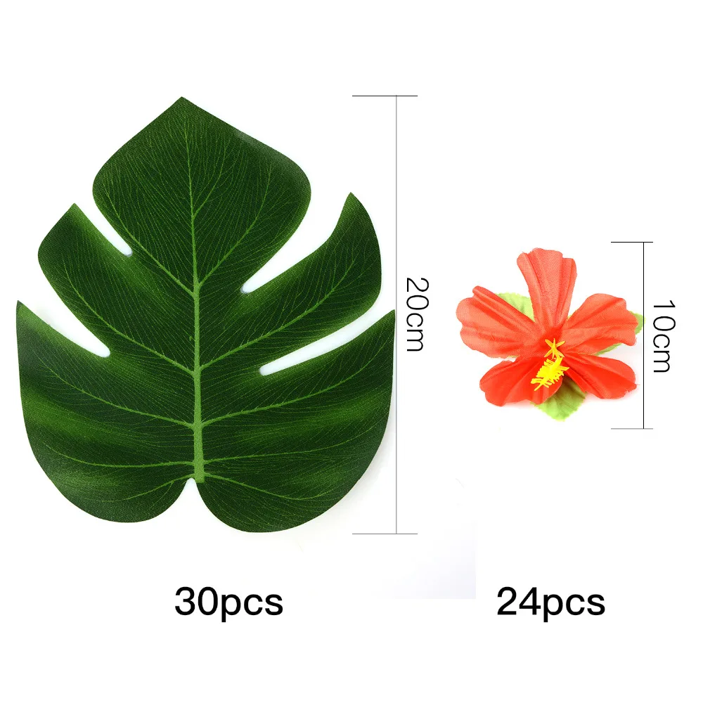 54Pcs Party Decoration Supplies Tropical Palm Leaves Hibiscus Flowers Simulation Leaf For Hawaiian Jungle Beach Party DIY Decor