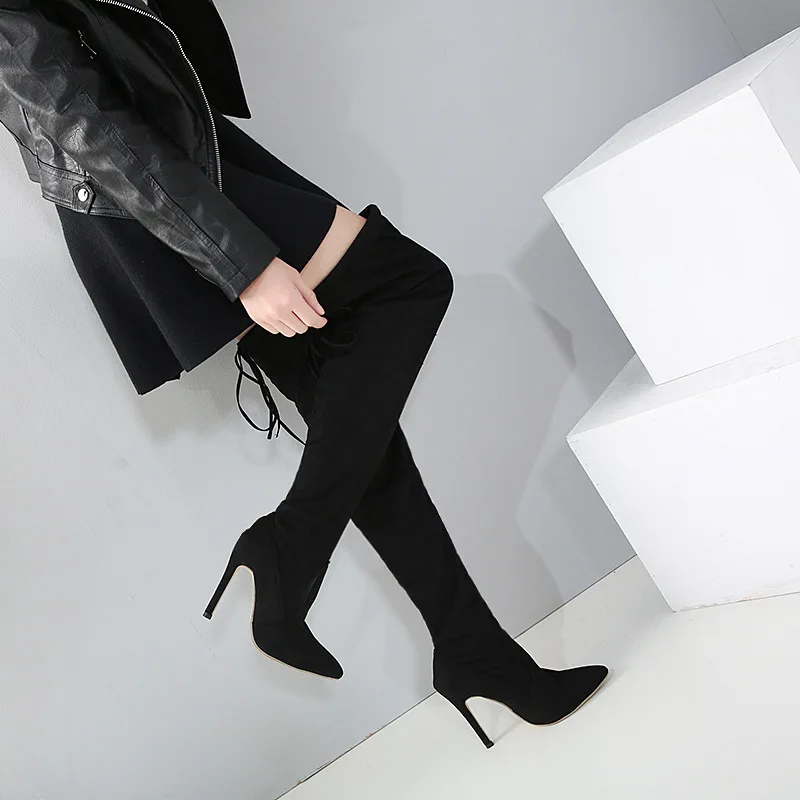 

2019 Women 12cm High Heels Over The Knee Stretch Pointy Boots Female Scarpins Suede Spring Heels Boots Lady Sexy Long Shoes