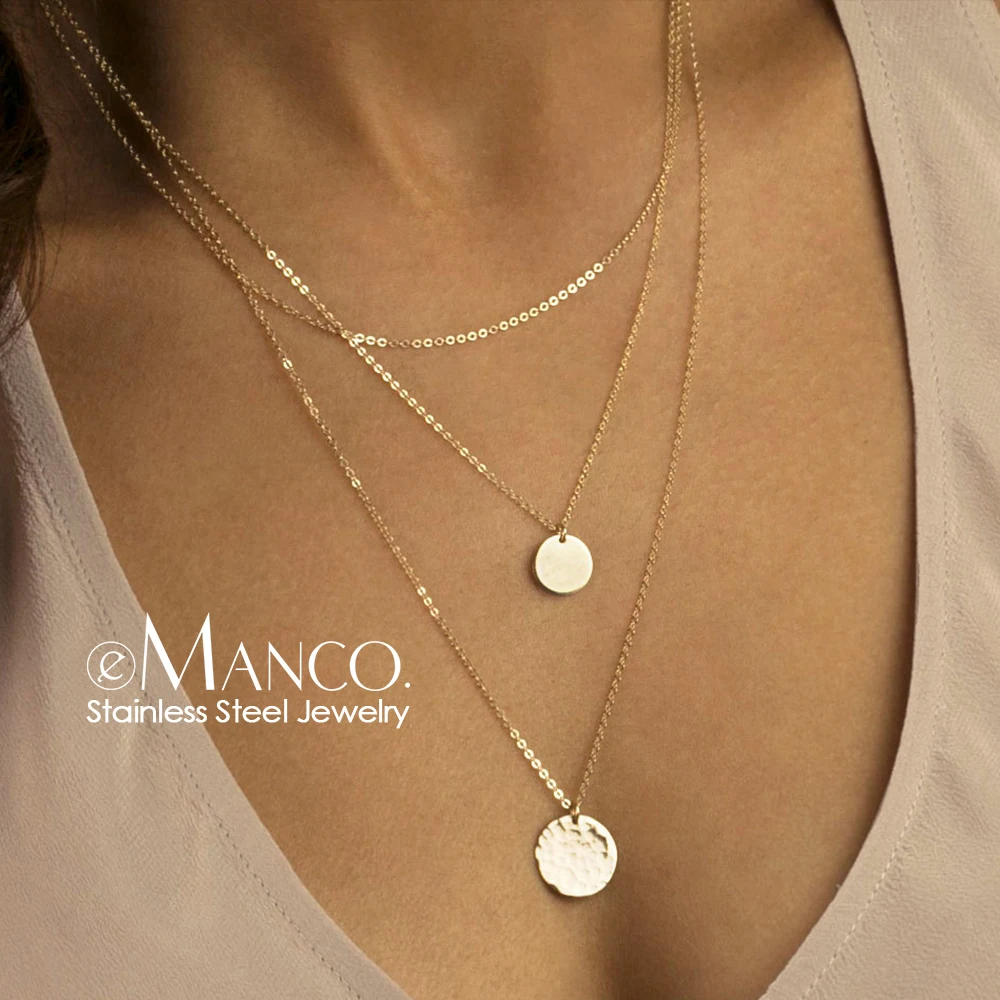 e-Manco korean style stainless steel necklace women long layered pendant necklace gold color necklace for women fashion jewelry