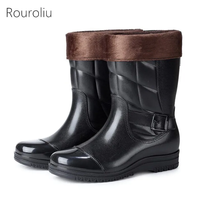 

Rouroliu New Men Winter Warm Removable Lining Rain Boots Non-slip Kitchen Work Boots Mid-calf Waterproof Water Shoes FR12