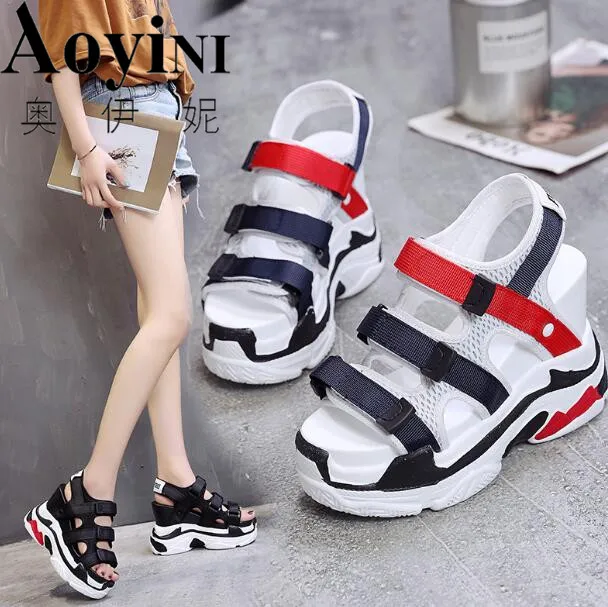 

Women Sandals 2019 Summer Ladies Mesh Platform Sandals 12CM Wedges Thick Bottom Casual Women Sneakers Comfortable White Sandals