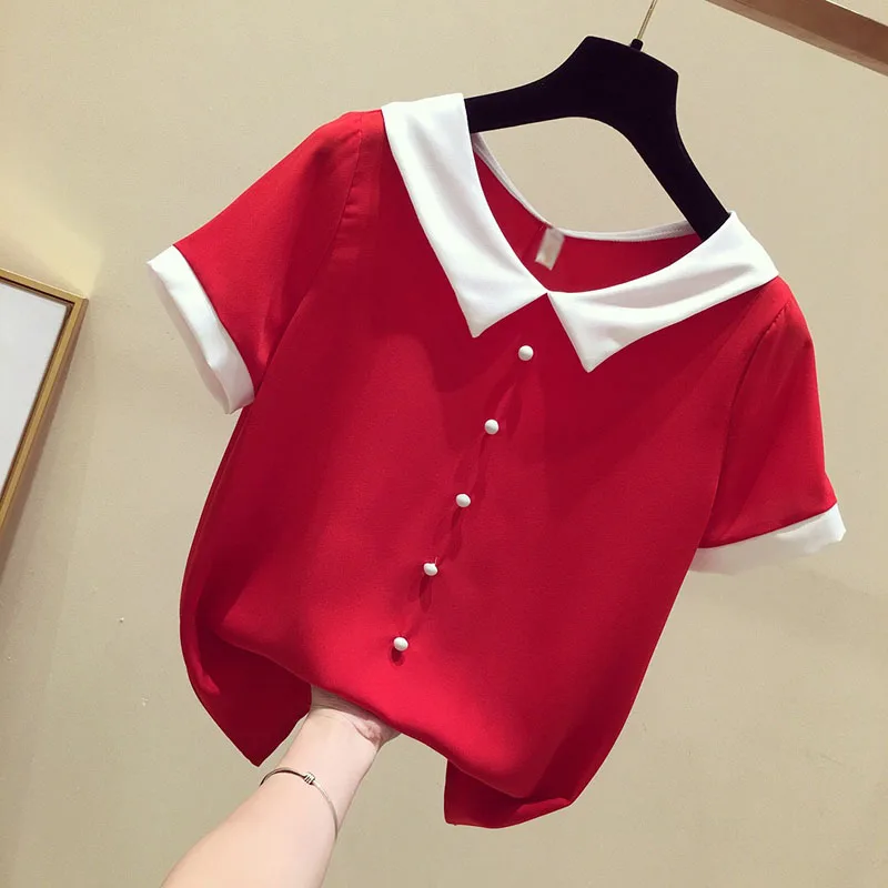 Achat Femmes Printemps Été Mignon En Mousseline de Soie Blouses Shirts Lady Casual Peter pan Col À Manches Courtes Perles Blusas Tops DF1797
