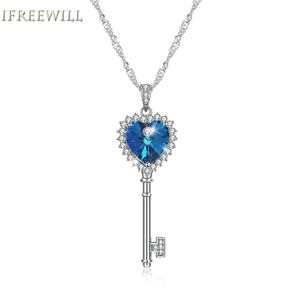 

925 Silver Key Pendants for woman Cut Love Element Natural Crystal Clavicle Necklace